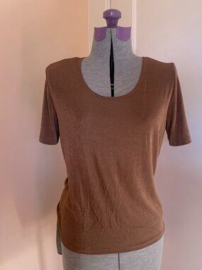 Susan Laurence XL Brown Top Tee Short Sleeve Stretch Elevated Basic Made in USA